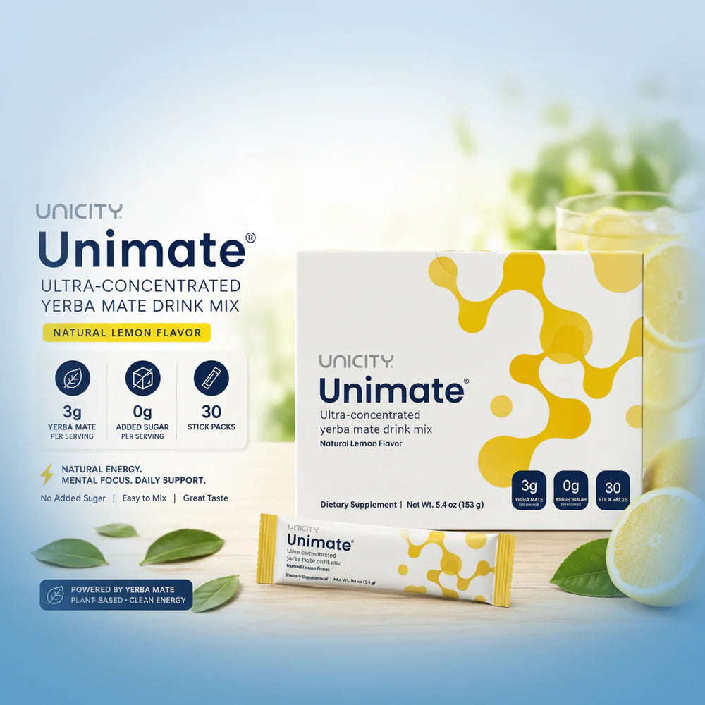 Unicity Unimate® Ultra-Concentrated Yerba Mate Drink Mix – Natural Lemon Flavor | 30 Stick Packs